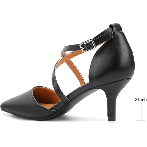 Women's Black Polyurethane Closed Pointed Toe Cross Strap Low Kitten Heel Pumps - Picture 4 of 6